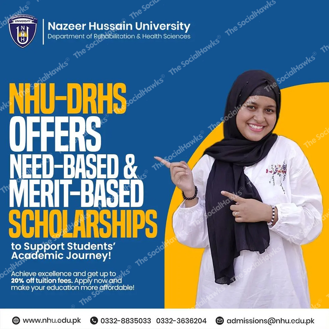 NHU-DRHS scholarship announcement with female student in hijab pointing